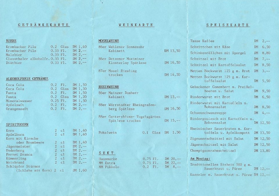 Speise und Getränkekarte Schützenfest 1990
